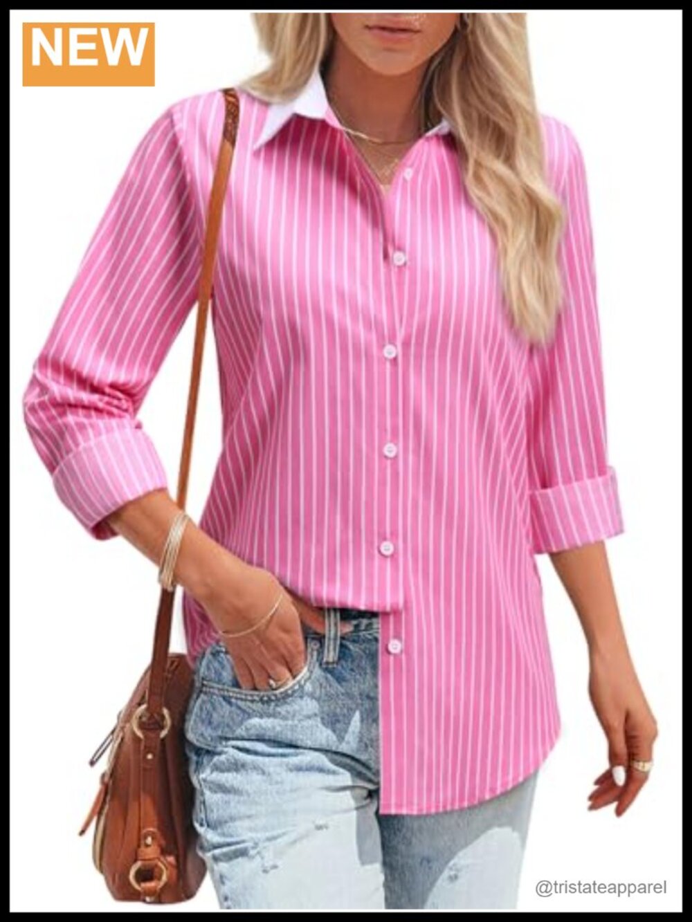 Striped Cotton Button Down Shirt Long Sleeve Blouse Women Classic Collared Top